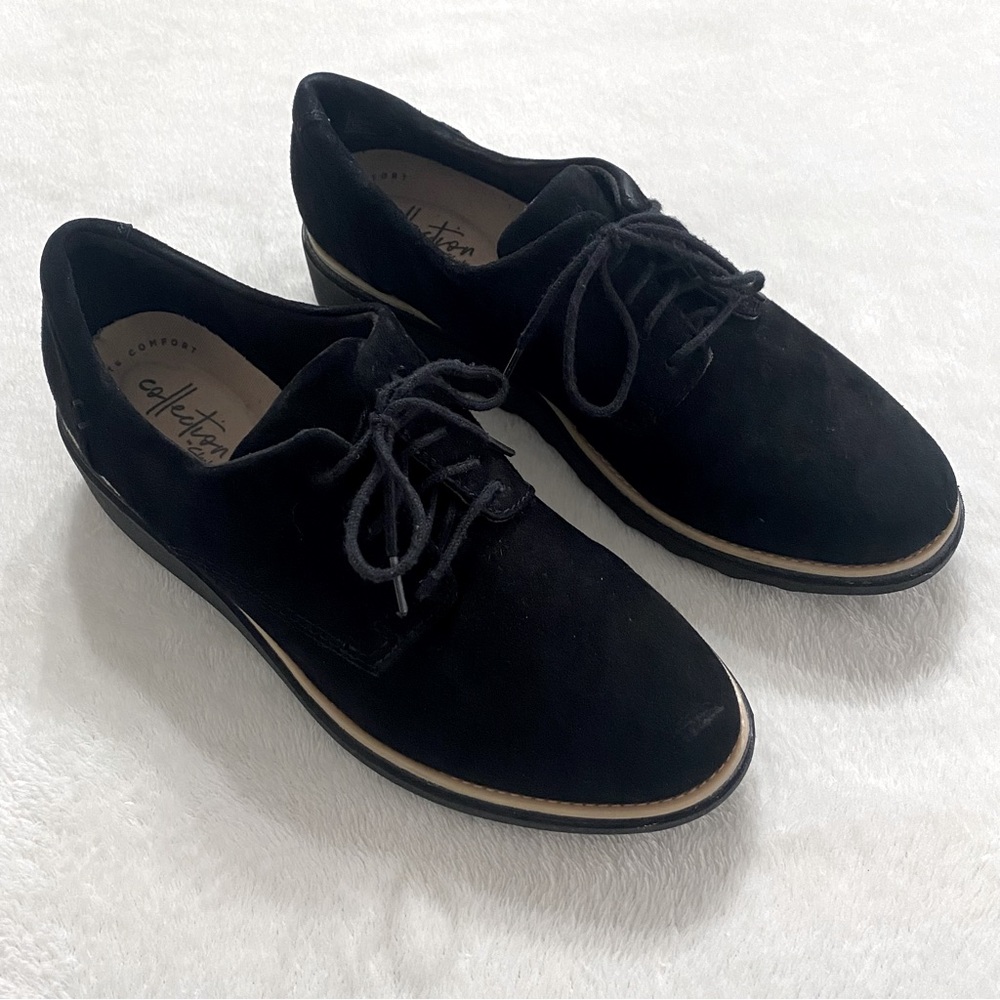Clarks Collection Womens Sharon Noel Shoes Size 7 Black Suede Wedge Lace Up New